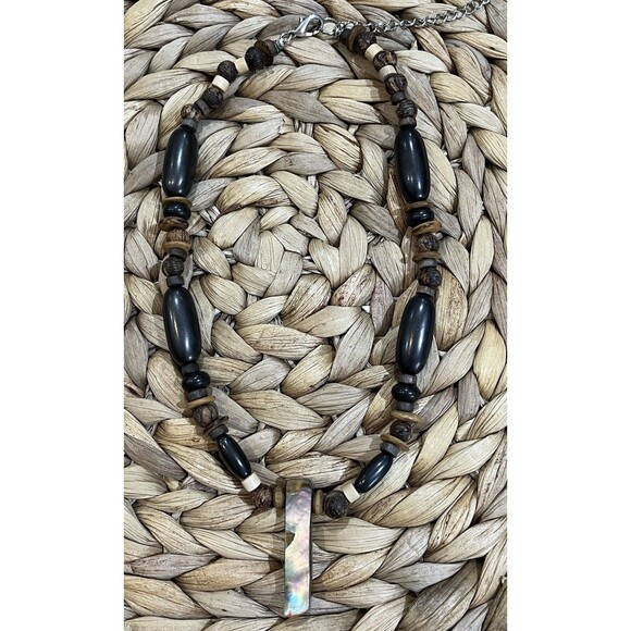 Paua Shell & Calcite Reversible Pendant W/ Wooden Beads Necklace Boho Tribal - Picture 1 of 9